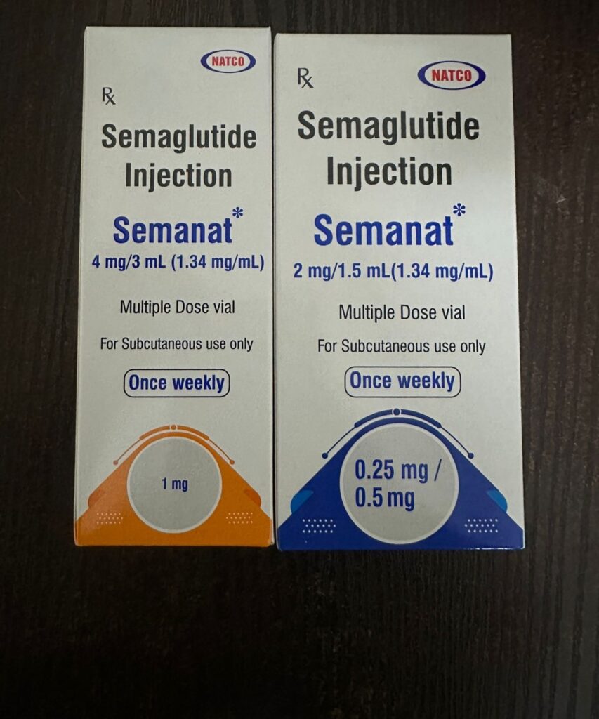 Semanat 2 mg semaglutide injection pen displayed on a clean white clinical surface for weight management treatment