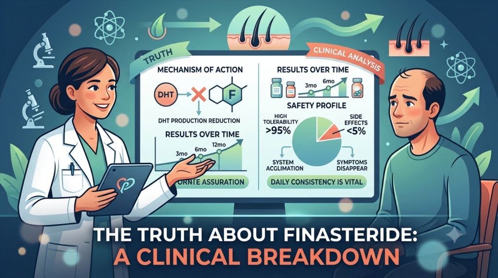 A detailed modern illustration shows a female doctor presenting an infographic to a male patient. The large screen displays "THE TRUTH ABOUT FINASTERIDE: A CLINICAL BREAKDOWN". Left panels cover "MECHANISM OF ACTION" (DHT reduction, stylized F symbol) and "RESULTS OVER TIME" (graphs and bottles). Right panels show "RESULTS OVER TIME" (graphs and bottles) and a "SAFETY PROFILE" pie chart (over 95% high tolerability, under 5% side effects). Floating science icons and hair follicle growth symbols surround them.