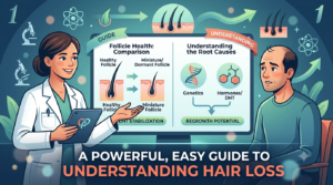 An infographic illustrating a female doctor explaining follicular health, genetics, and DHT-related root causes of hair loss to a male patient, with text "A Powerful, Easy Guide to Understanding Hair Loss."