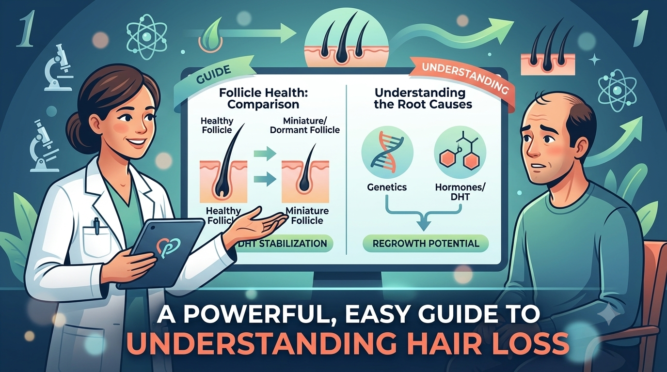 An infographic illustrating a female doctor explaining follicular health, genetics, and DHT-related root causes of hair loss to a male patient, with text "A Powerful, Easy Guide to Understanding Hair Loss."