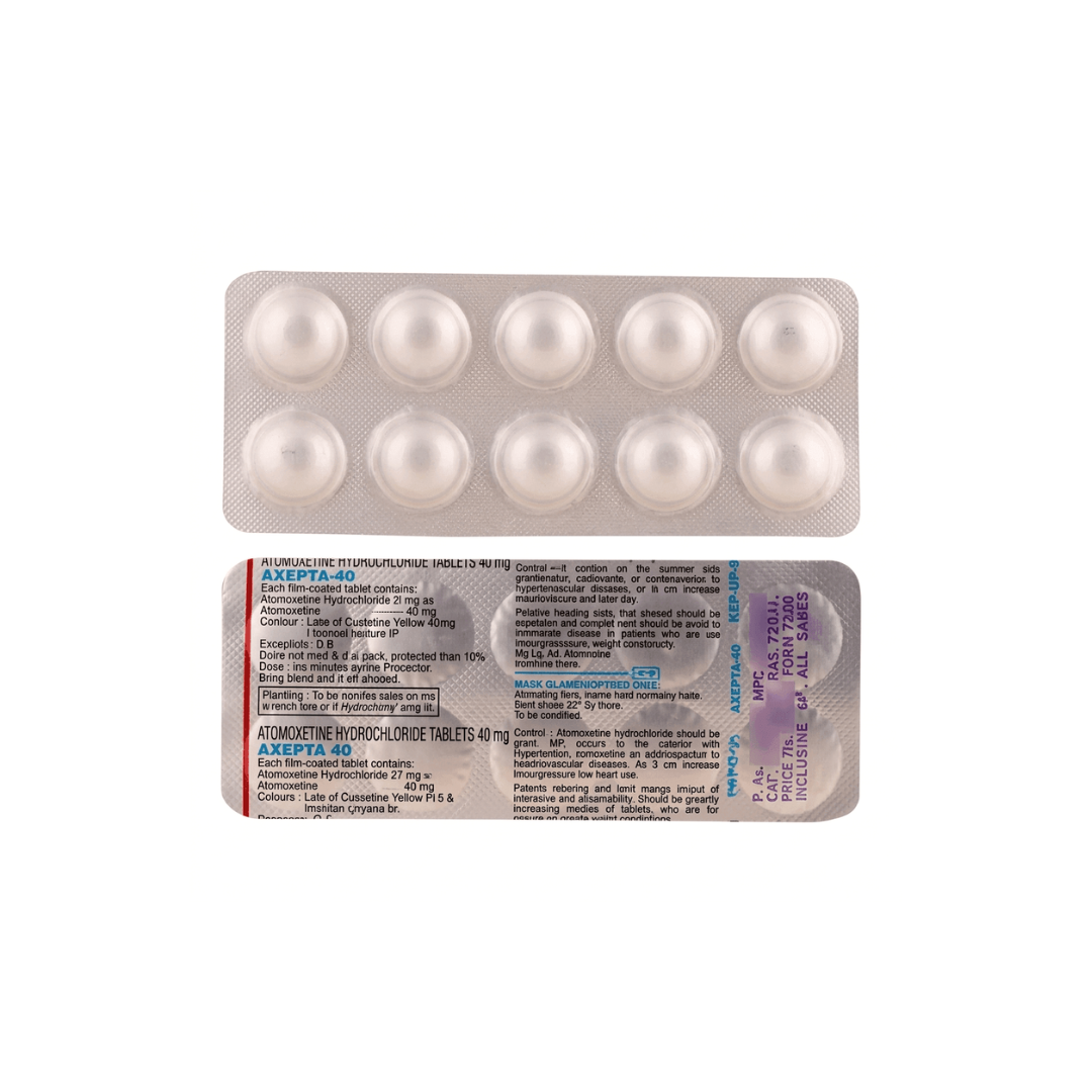 Axepta 40 mg Atomoxetine Tablets – Blister Pack Atomoxetine 40 mg Tablets Axepta blister pack front and back view
