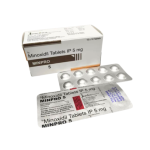 Minpro 5 mg minoxidil box with tablet blisters